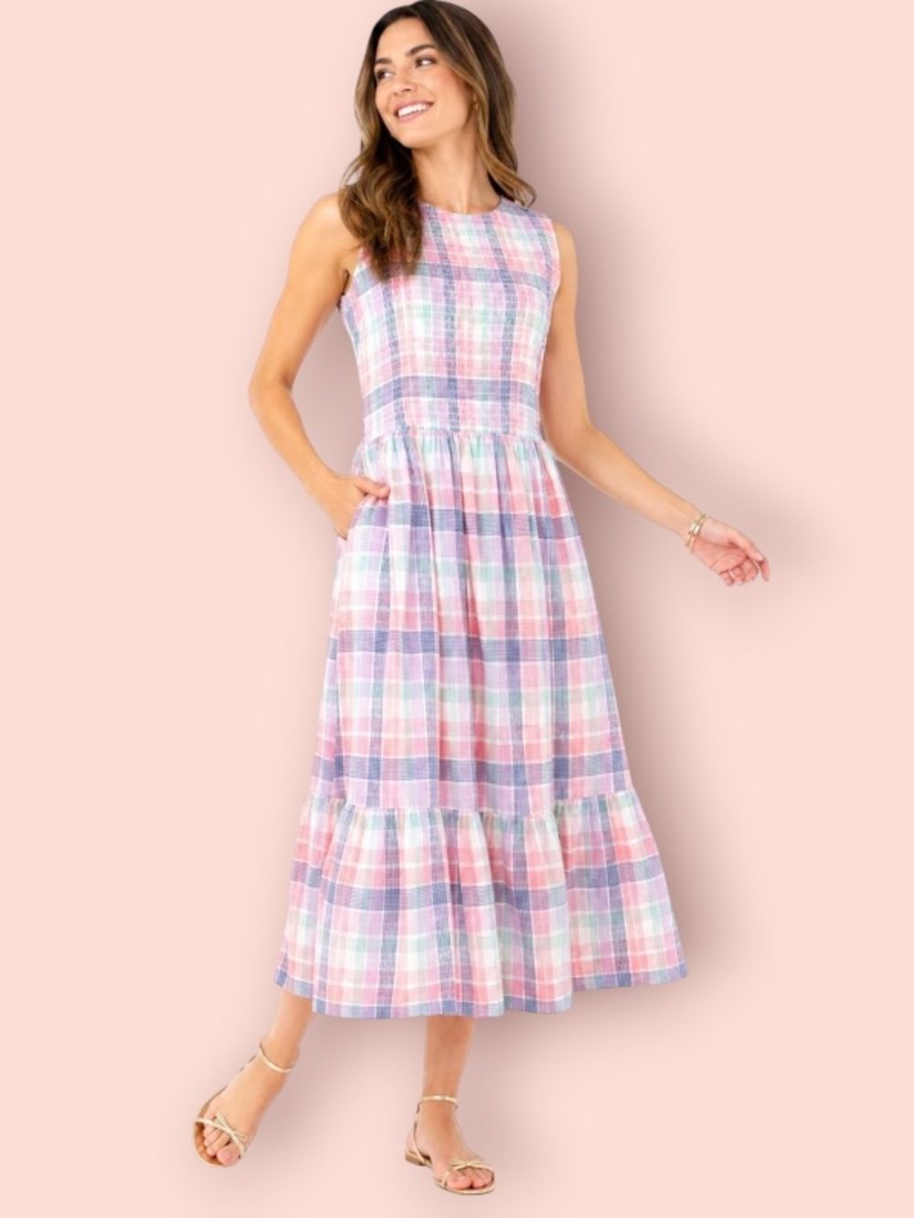 J. CREW Plaid Smocked Cotton Midi Dress
